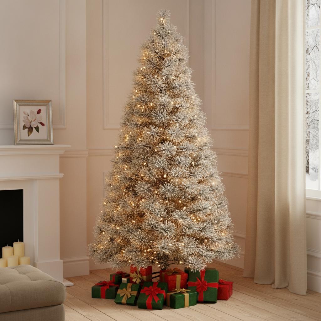 7.5' White Pre Lit Full Flocked Spruce Christmas Tree