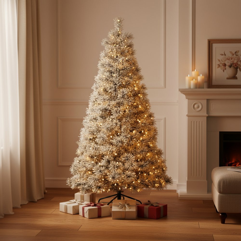 4.5' White Pre Lit Full Flocked Spruce Christmas Tree