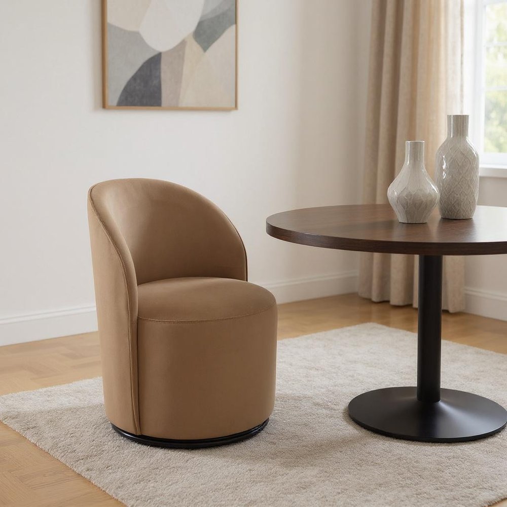 Cream and Black Velvet Curved Back Swivel Dining Arm Chair