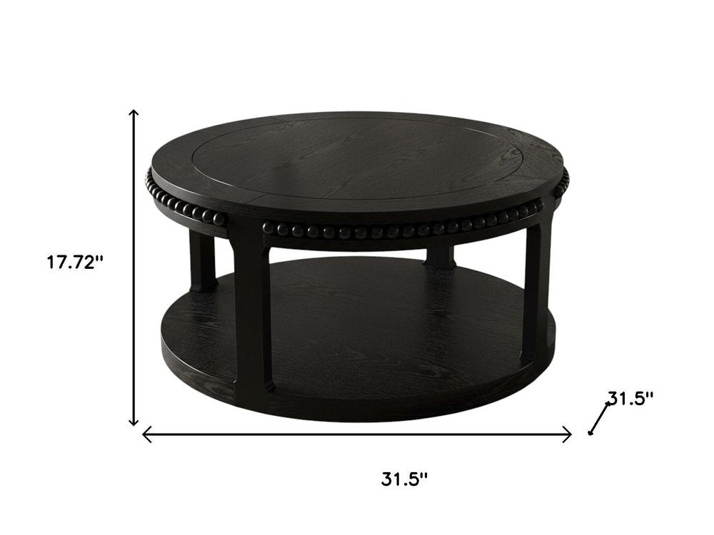 32" Black Wood Floor Shelf Beaded Round Coffee Table