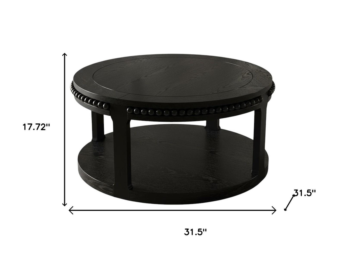 32" Black Wood Floor Shelf Beaded Round Coffee Table