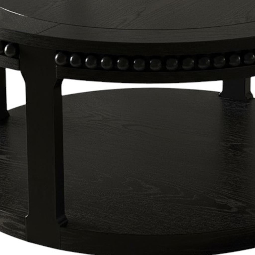 32" Black Wood Floor Shelf Beaded Round Coffee Table