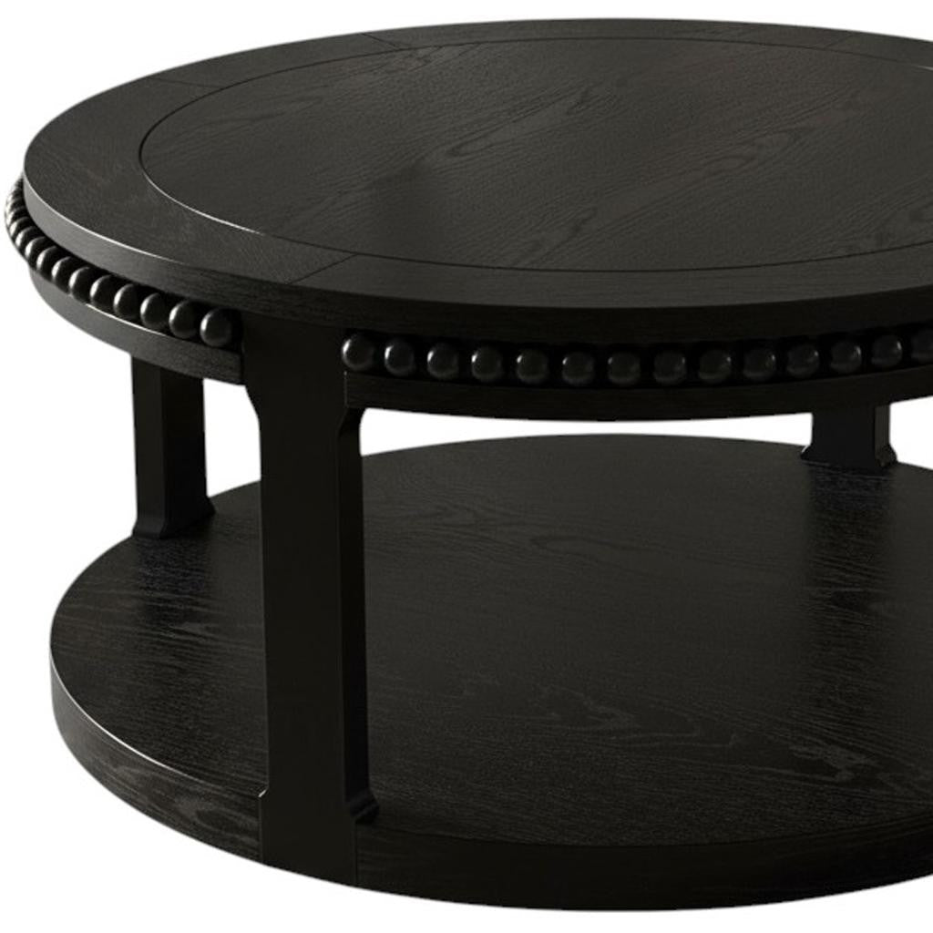 32" Black Wood Floor Shelf Beaded Round Coffee Table