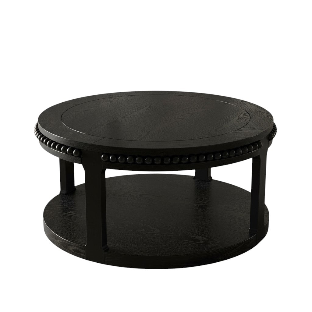32" Black Wood Floor Shelf Beaded Round Coffee Table