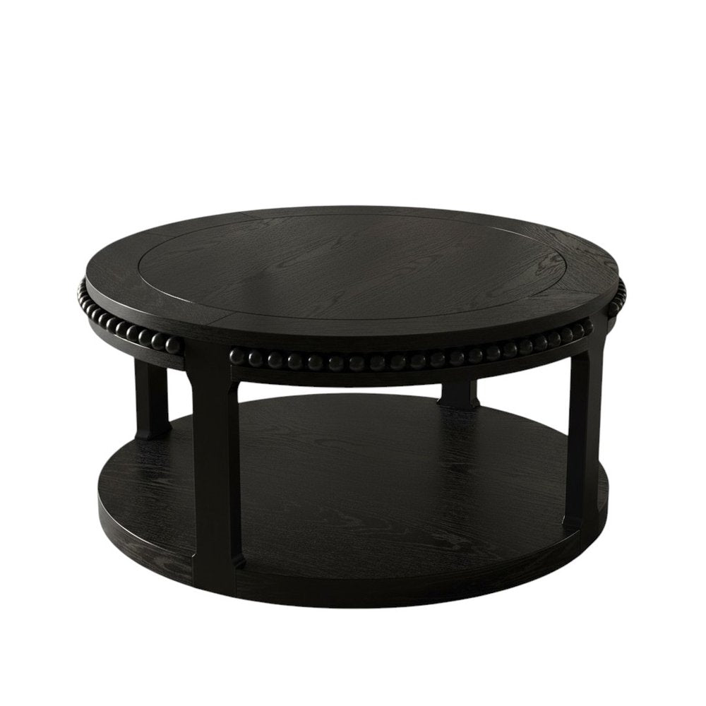 32" Black Wood Floor Shelf Beaded Round Coffee Table