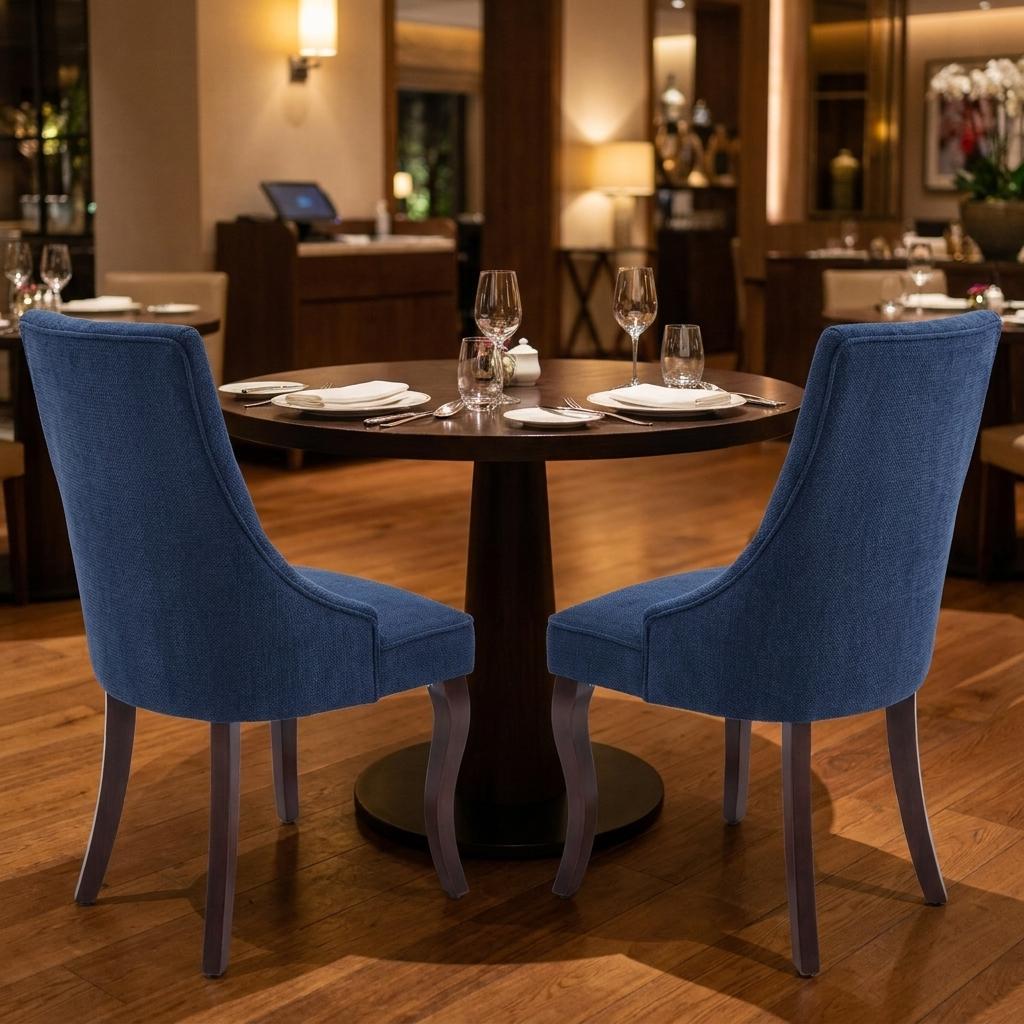 Set of Two Blue And Brown Linen And Solid Wood Dining Side Chairs