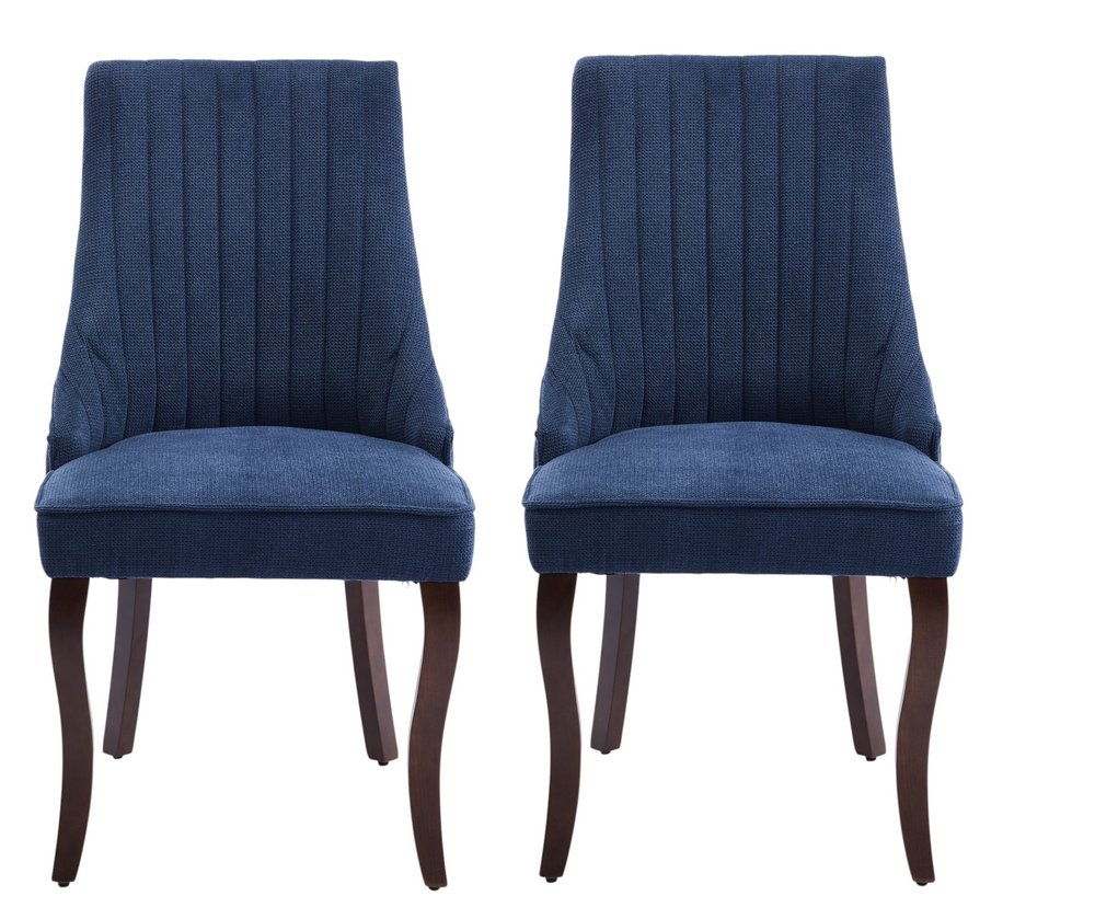 Set of Two Blue and Brown Linen Dining Side Chairs