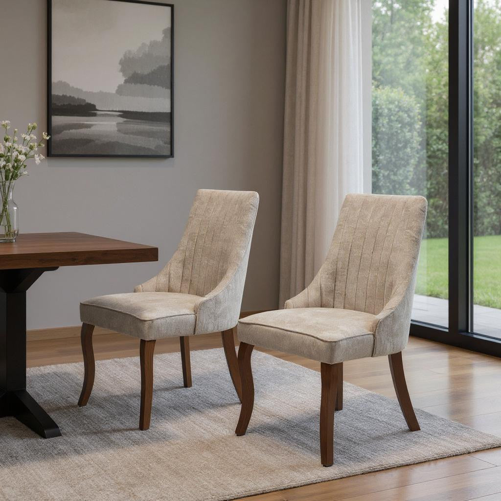 Set of Two Beige And Brown Tufted Velvet And Solid Wood Dining Side Chairs