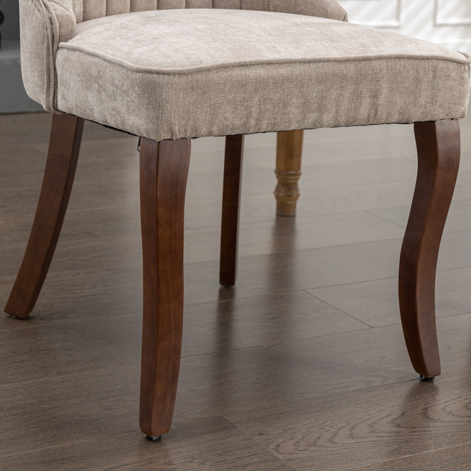 Set of Two Beige And Brown Tufted Velvet And Solid Wood Dining Side Chairs