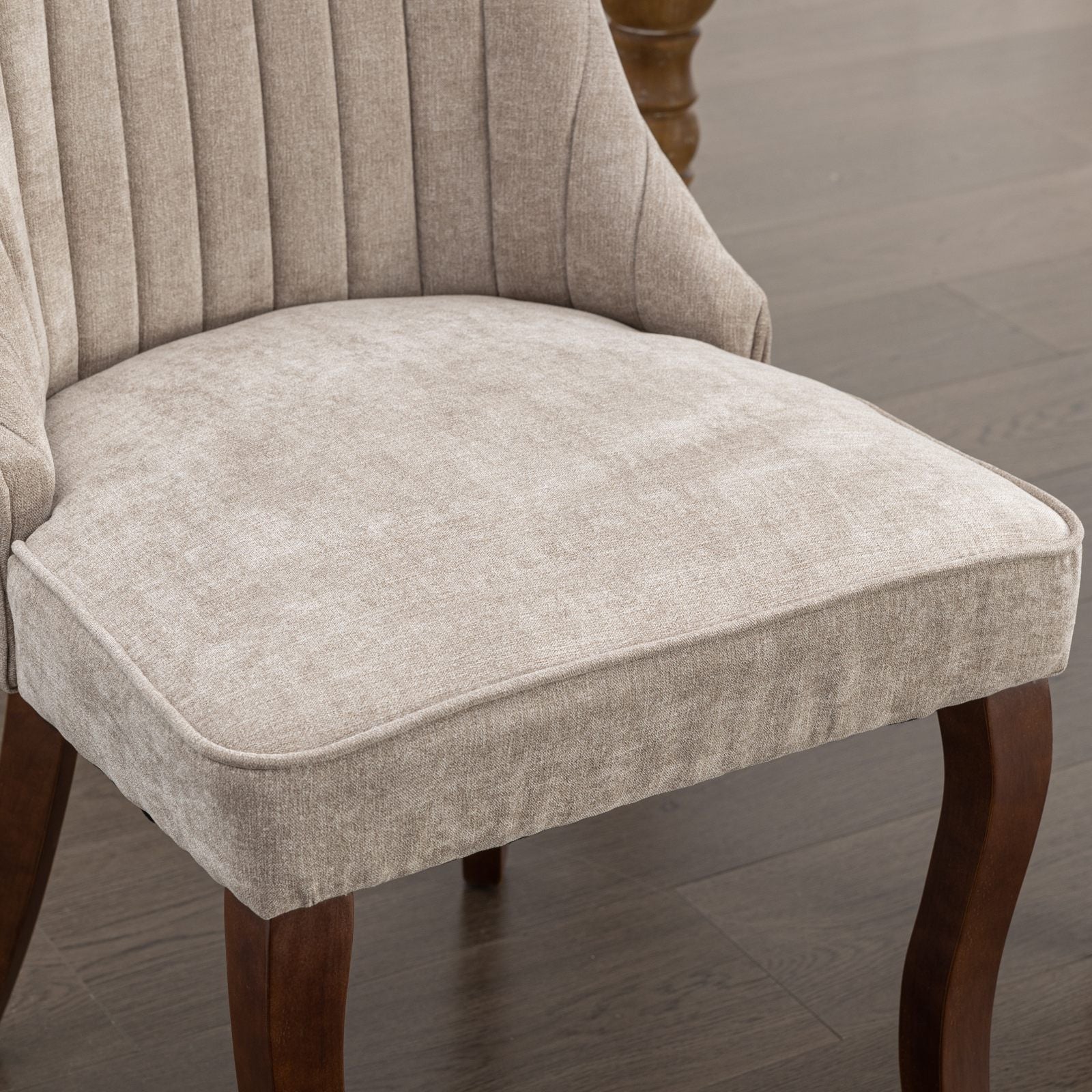 Set of Two Beige And Brown Tufted Velvet And Solid Wood Dining Side Chairs