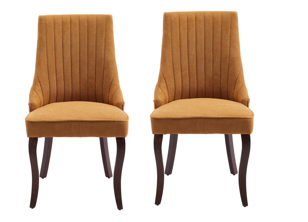 Set of Two Yellow And Brown Linen And Solid Wood Dining Side Chairs