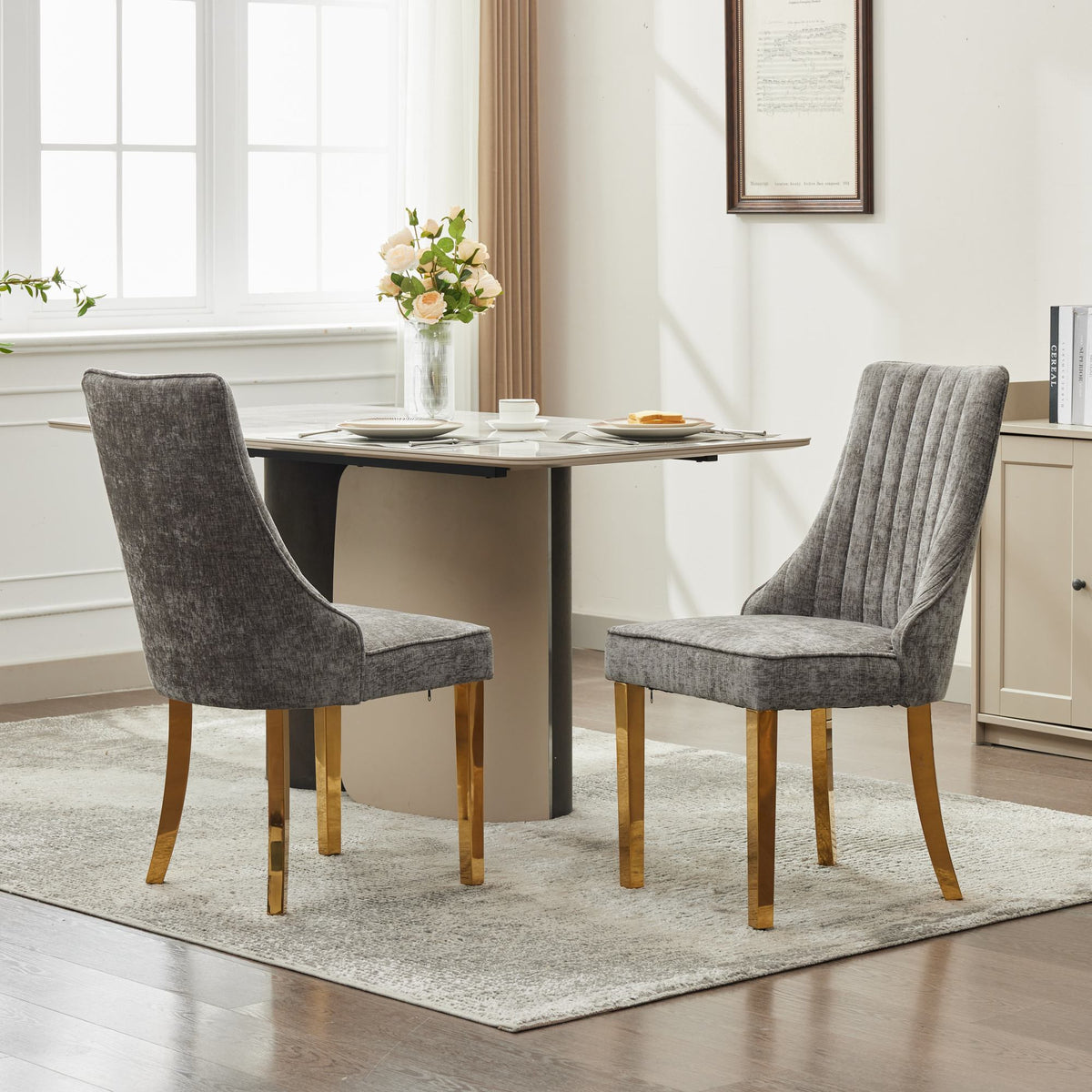 Set of Two Gray And Gold Chenille And Stainless Steel Dining Side Chairs