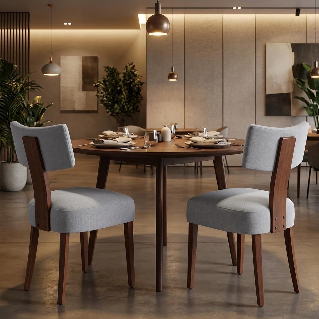 Set of Two Gray And Brown Linen And Solid Wood Dining Side Chairs