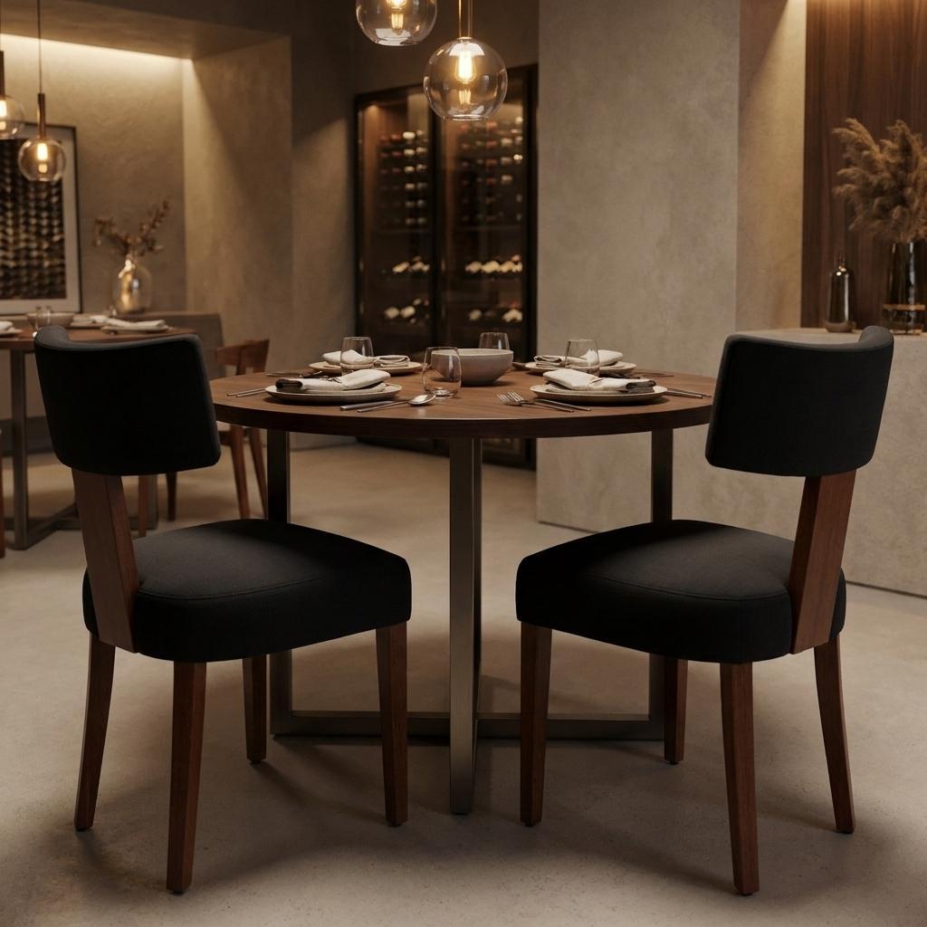 Set of Two Black And Brown Linen And Solid Wood Dining Side Chairs