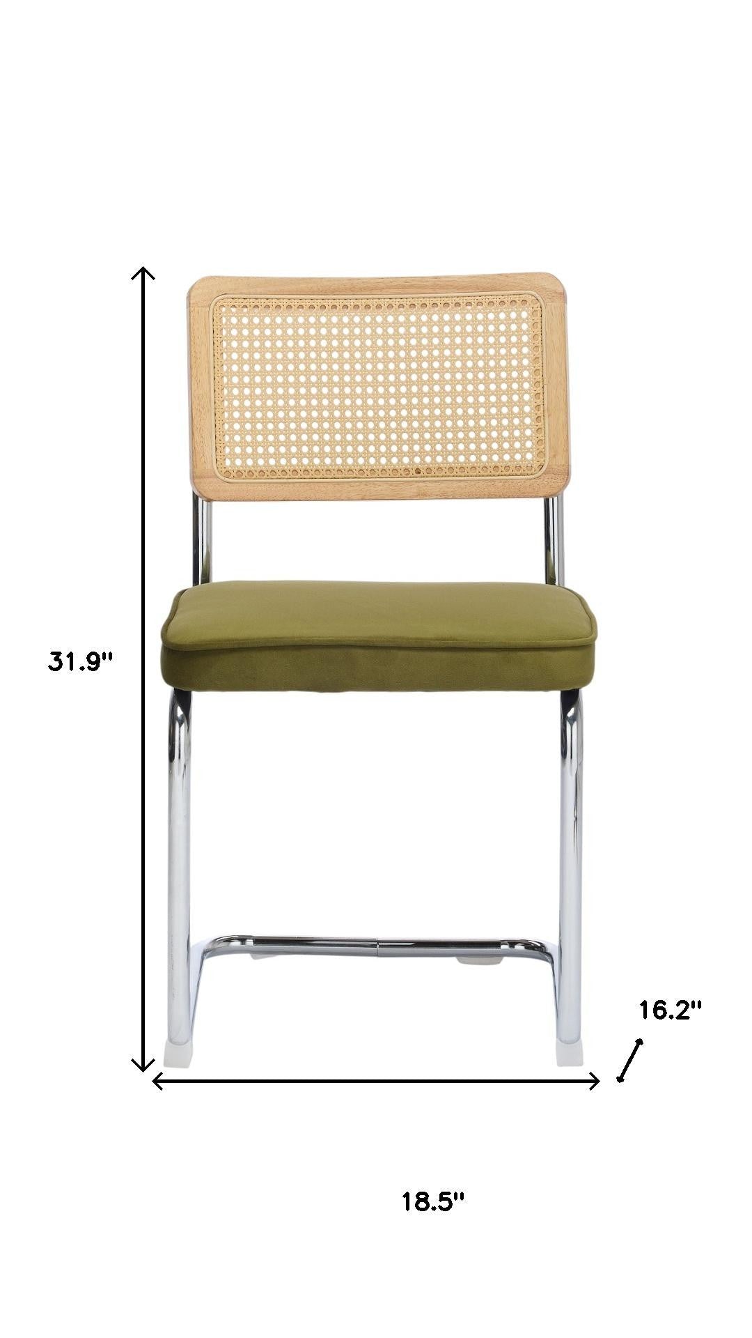Set of Two Green Natural And Silver Velvet Rattan And Stainless Steel Dining Chairs