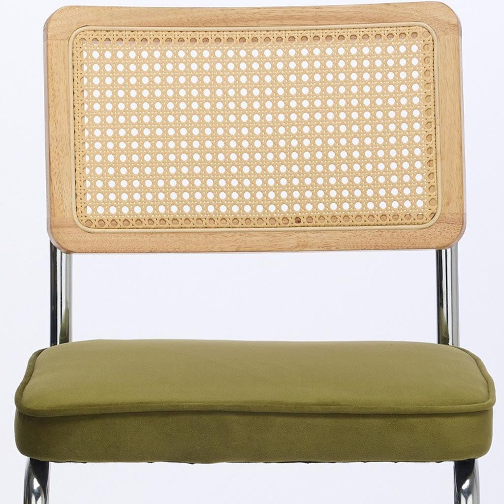 Set of Two Green Natural And Silver Velvet Rattan And Stainless Steel Dining Chairs