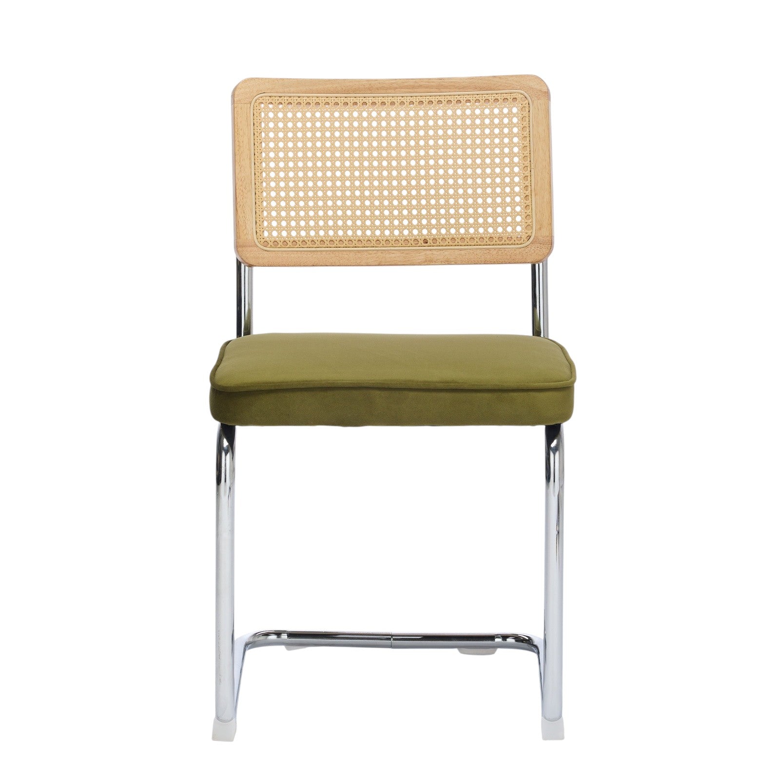 Set of Two Green Natural And Silver Velvet Rattan And Stainless Steel Dining Chairs