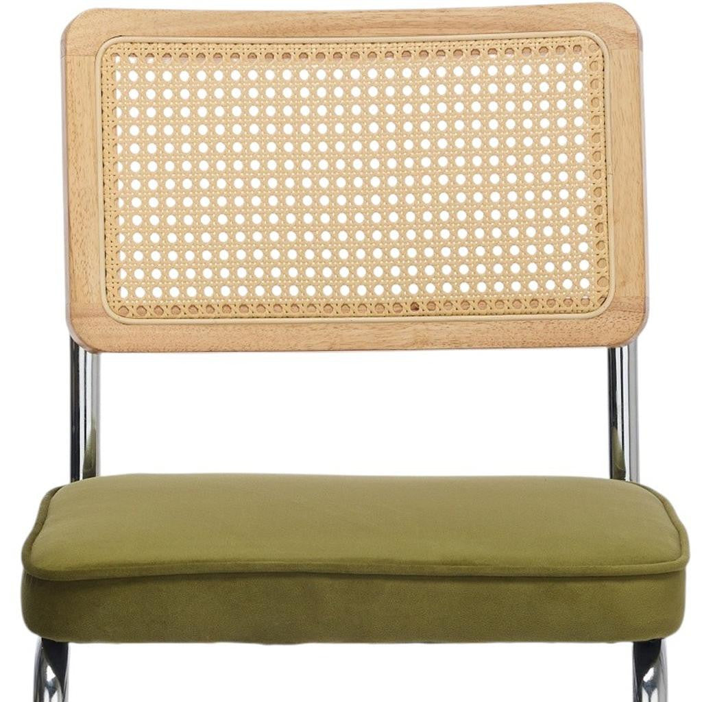 Set of Two Green Natural And Silver Velvet Rattan And Stainless Steel Dining Chairs