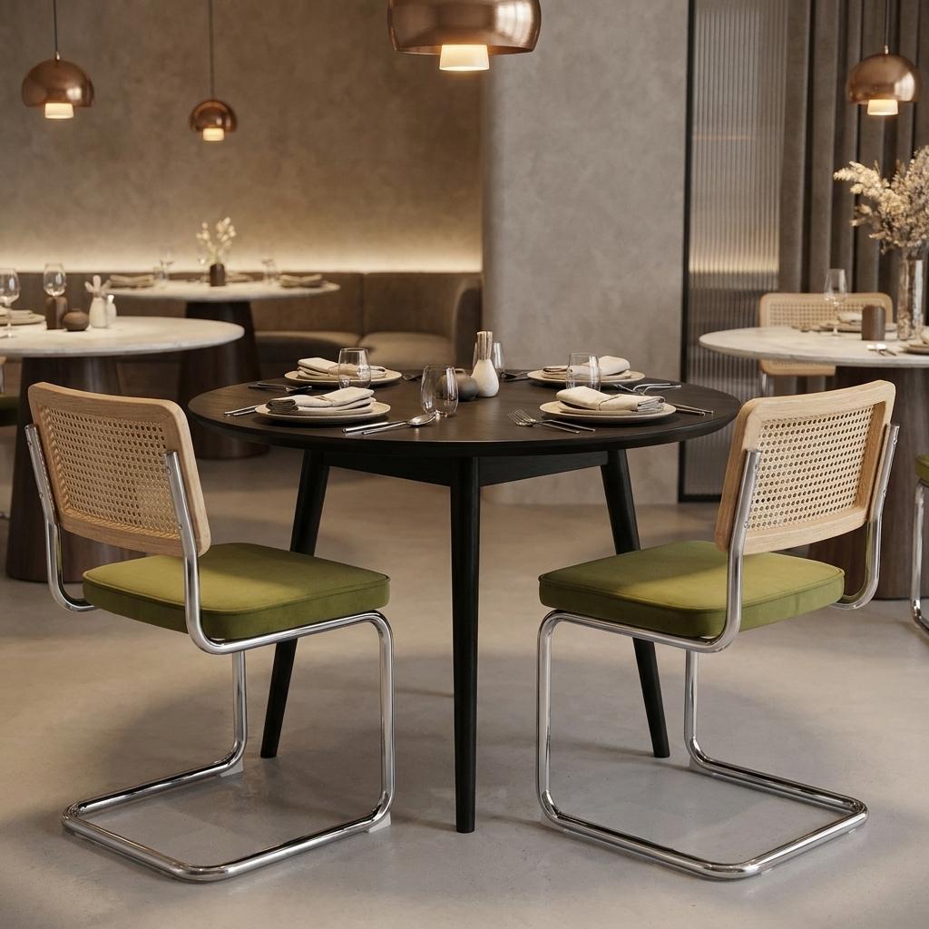 Set of Two Green Natural And Silver Velvet Rattan And Stainless Steel Dining Chairs