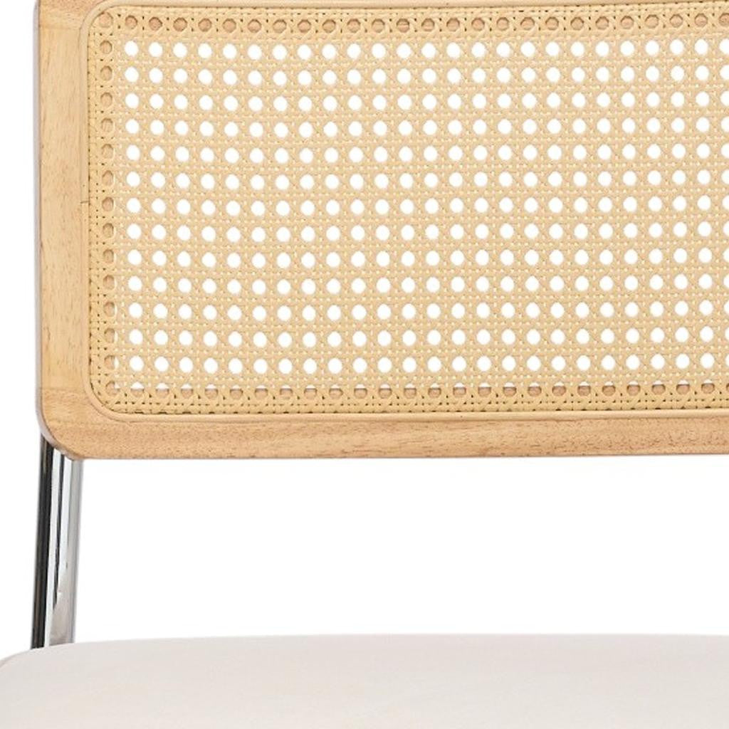 Set of Two Beige Natural And Silver Velvet Rattan And Stainless Steel Dining Chairs