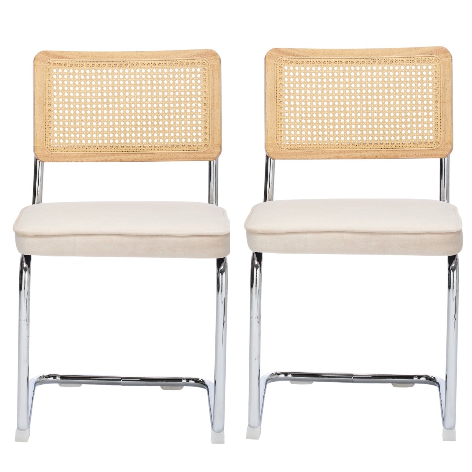 Set of Two Beige Natural And Silver Velvet Rattan And Stainless Steel Dining Chairs