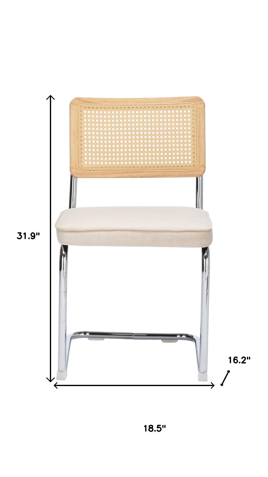 Set of Two Beige Natural And Silver Velvet Rattan And Stainless Steel Dining Chairs