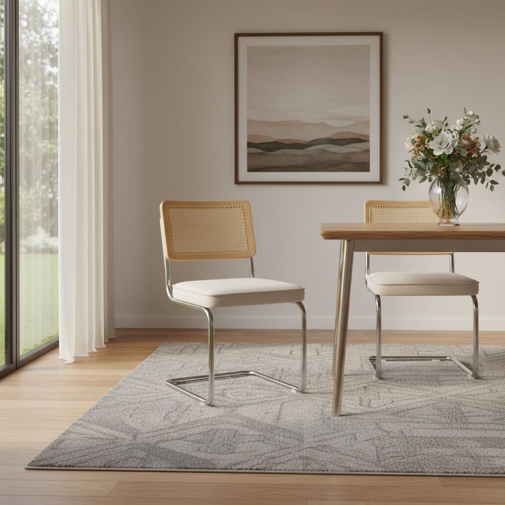 Set of Two Beige Natural And Silver Velvet Rattan And Stainless Steel Dining Chairs