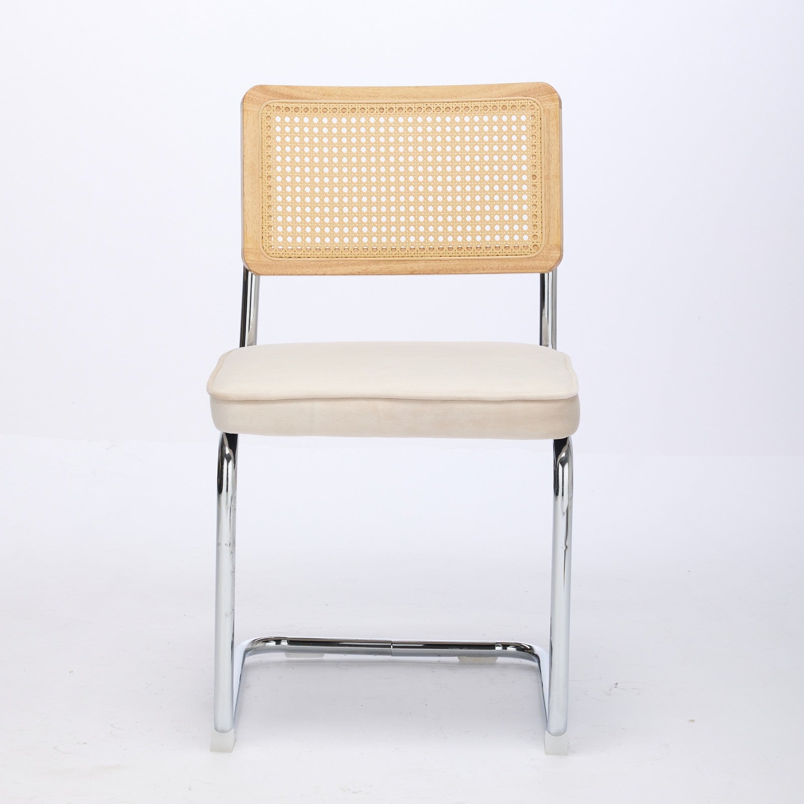 Set of Two Beige Natural And Silver Velvet Rattan And Stainless Steel Dining Chairs
