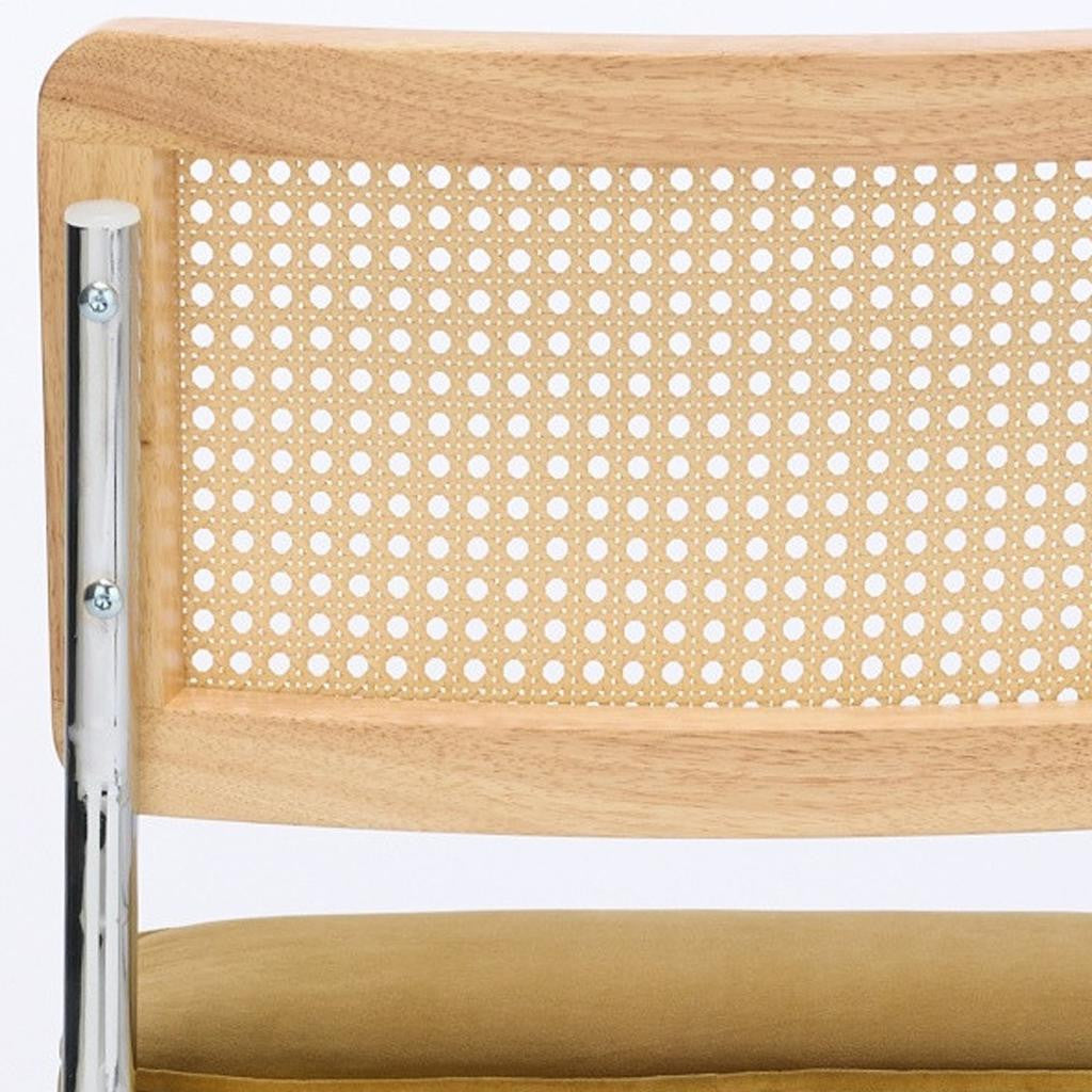 Set of Two Gold Natural And Silver Velvet Rattan And Stainless Steel Dining Chairs