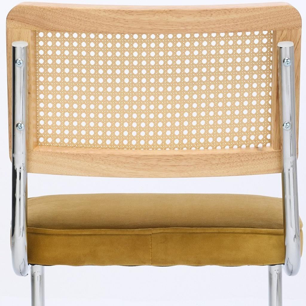 Set of Two Gold Natural And Silver Velvet Rattan And Stainless Steel Dining Chairs