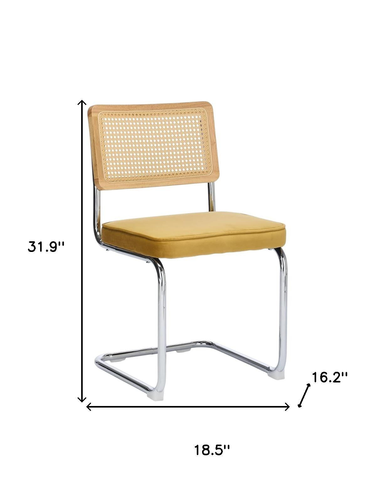 Set of Two Gold Natural And Silver Velvet Rattan And Stainless Steel Dining Chairs