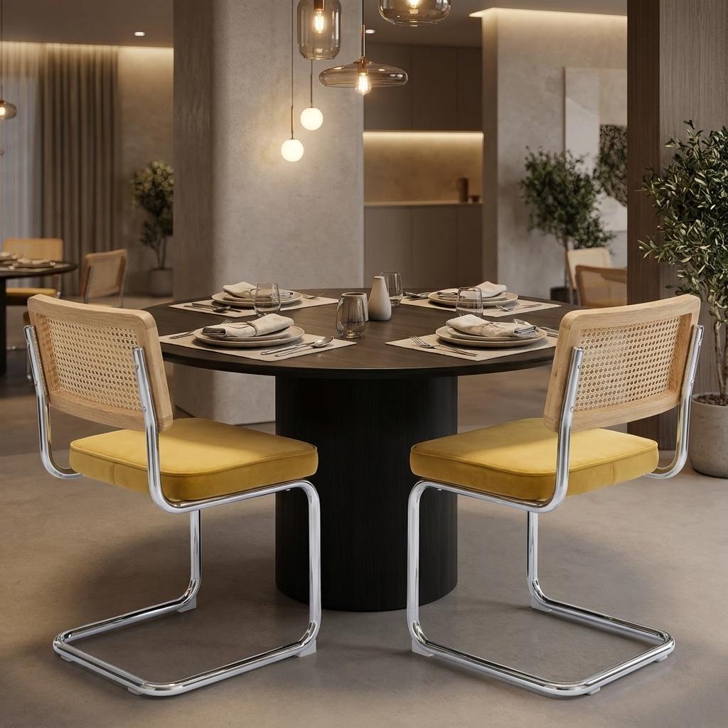 Set of Two Gold Natural And Silver Velvet Rattan And Stainless Steel Dining Chairs