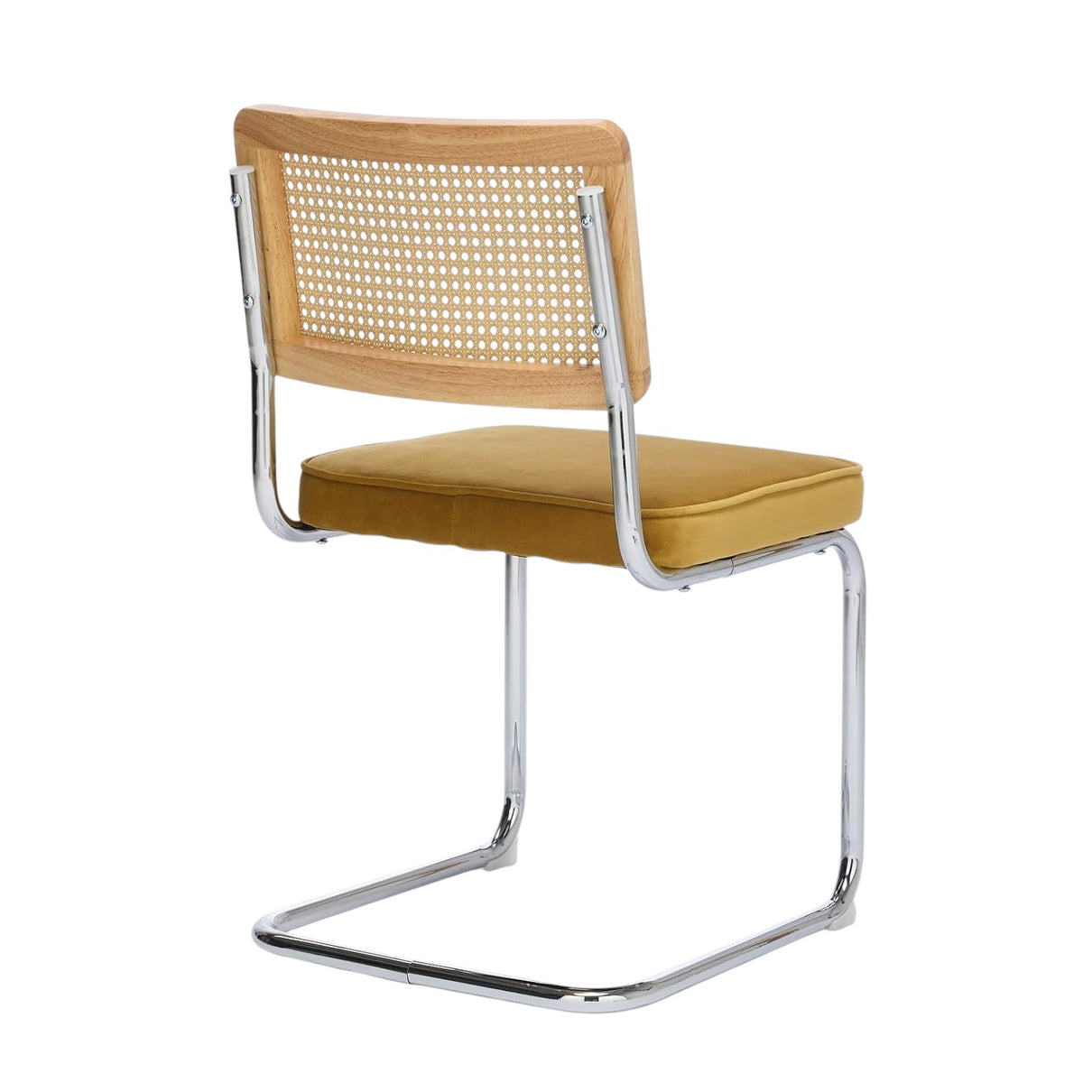 Set of Two Gold Natural And Silver Velvet Rattan And Stainless Steel Dining Chairs