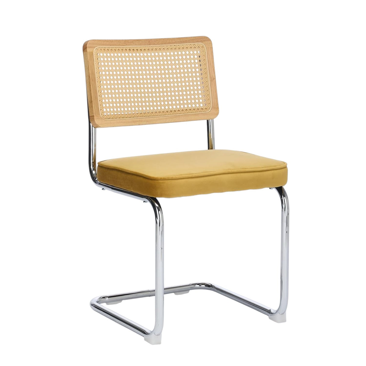 Set of Two Gold Natural And Silver Velvet Rattan And Stainless Steel Dining Chairs