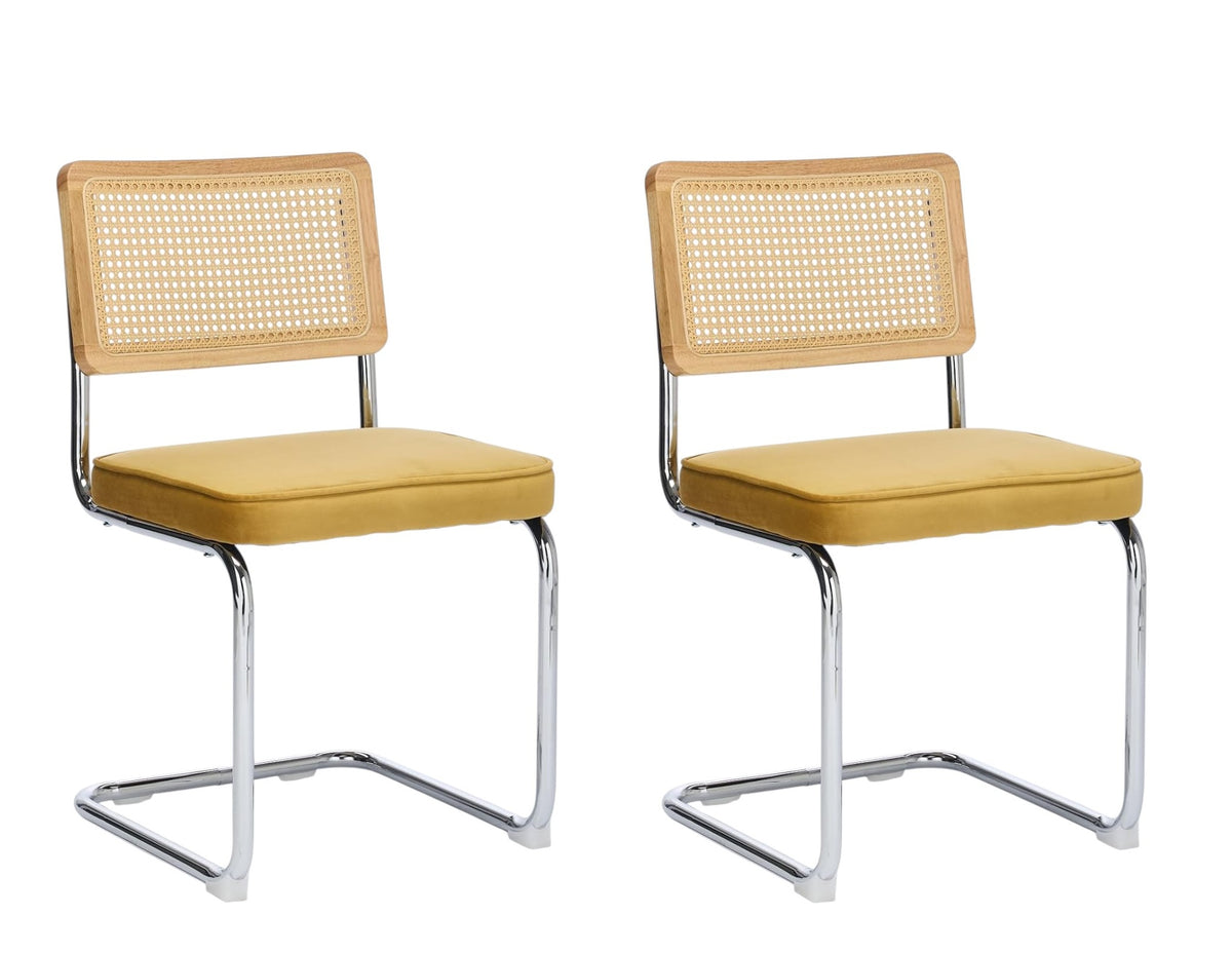Set of Two Gold Natural And Silver Velvet Rattan And Stainless Steel Dining Chairs