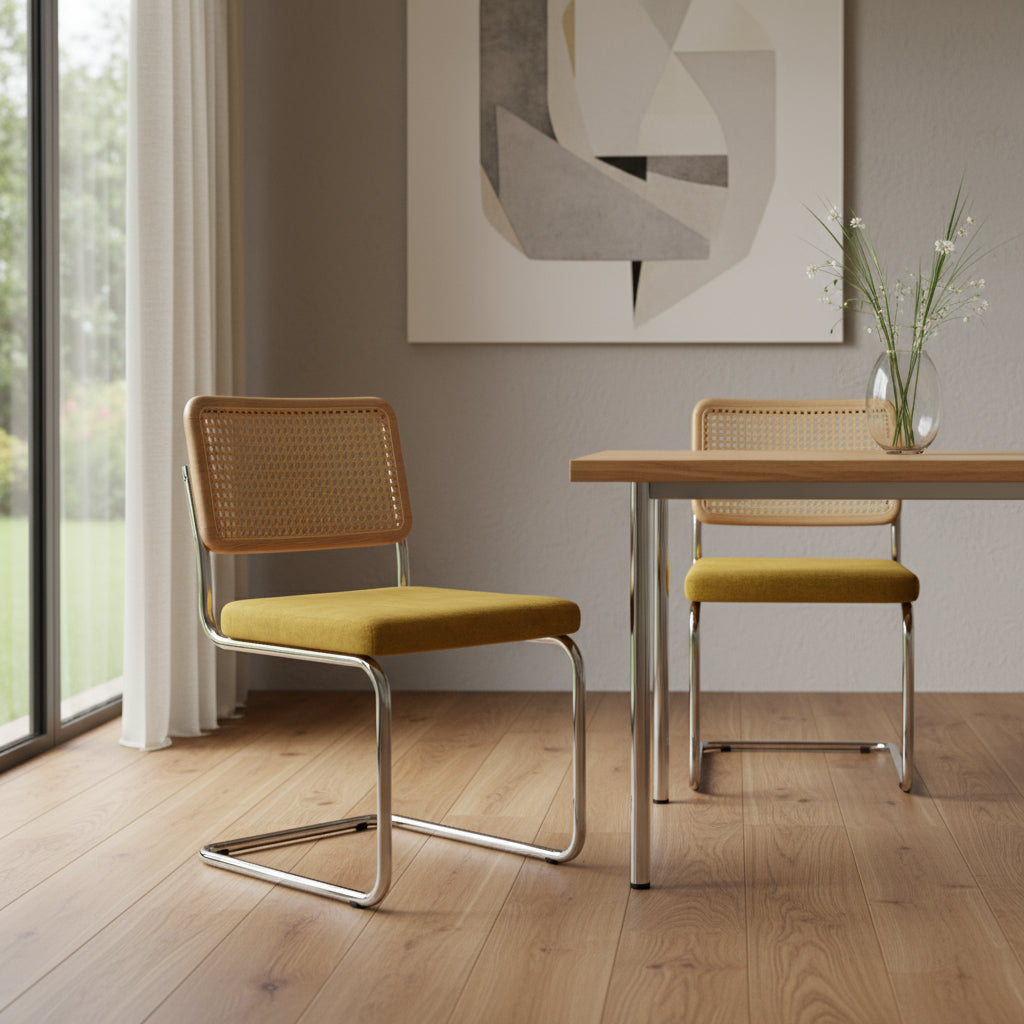 Set of Two Gold Natural And Silver Velvet Rattan And Stainless Steel Dining Chairs