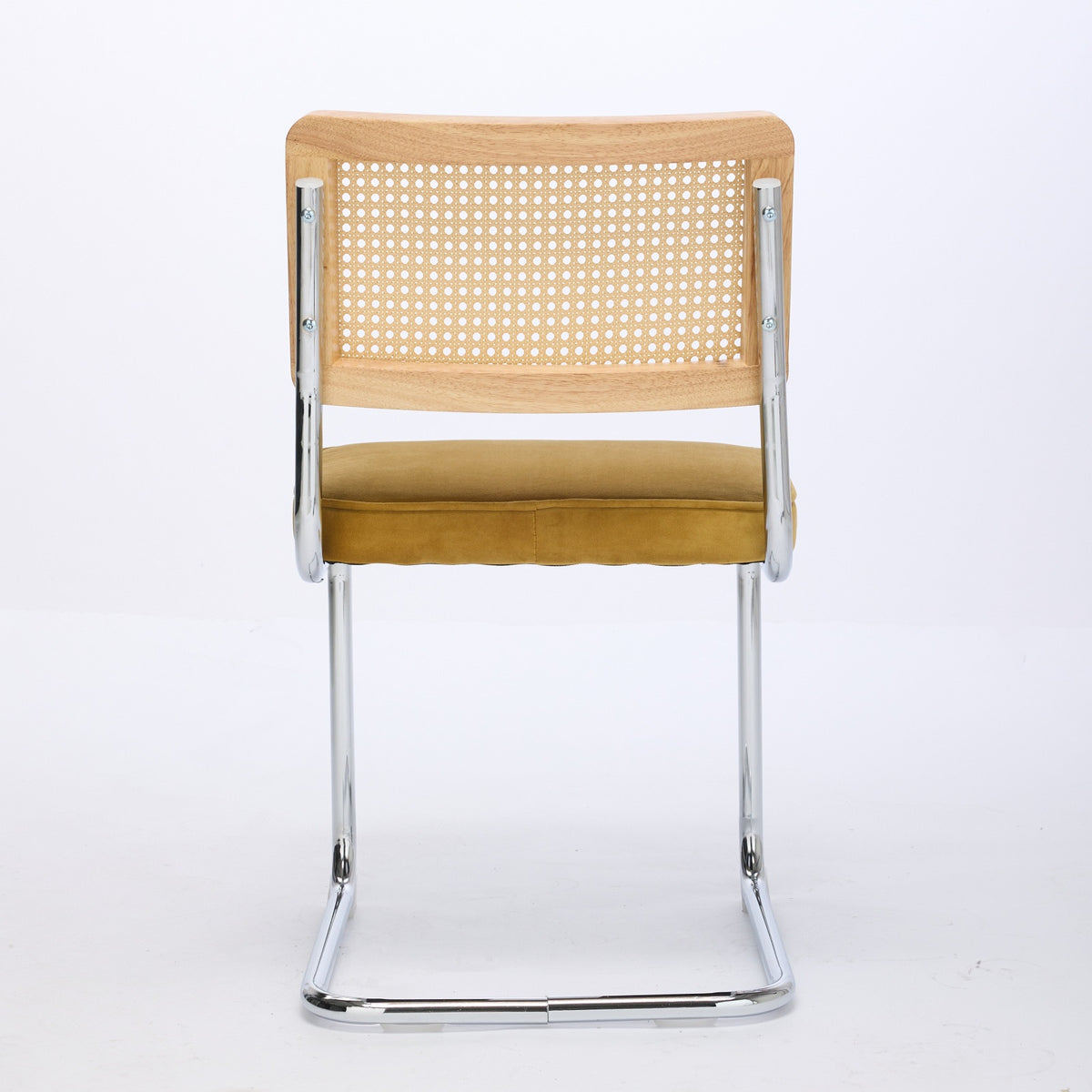 Set of Two Gold Natural And Silver Velvet Rattan And Stainless Steel Dining Chairs