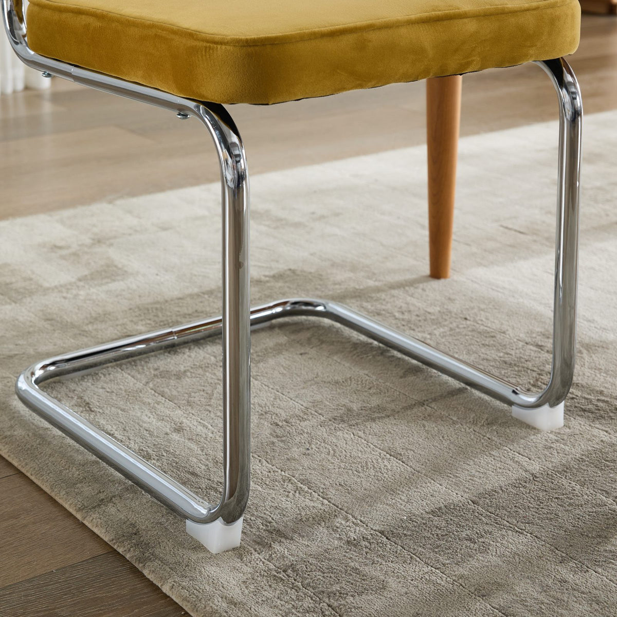 Set of Two Gold Natural And Silver Velvet Rattan And Stainless Steel Dining Chairs