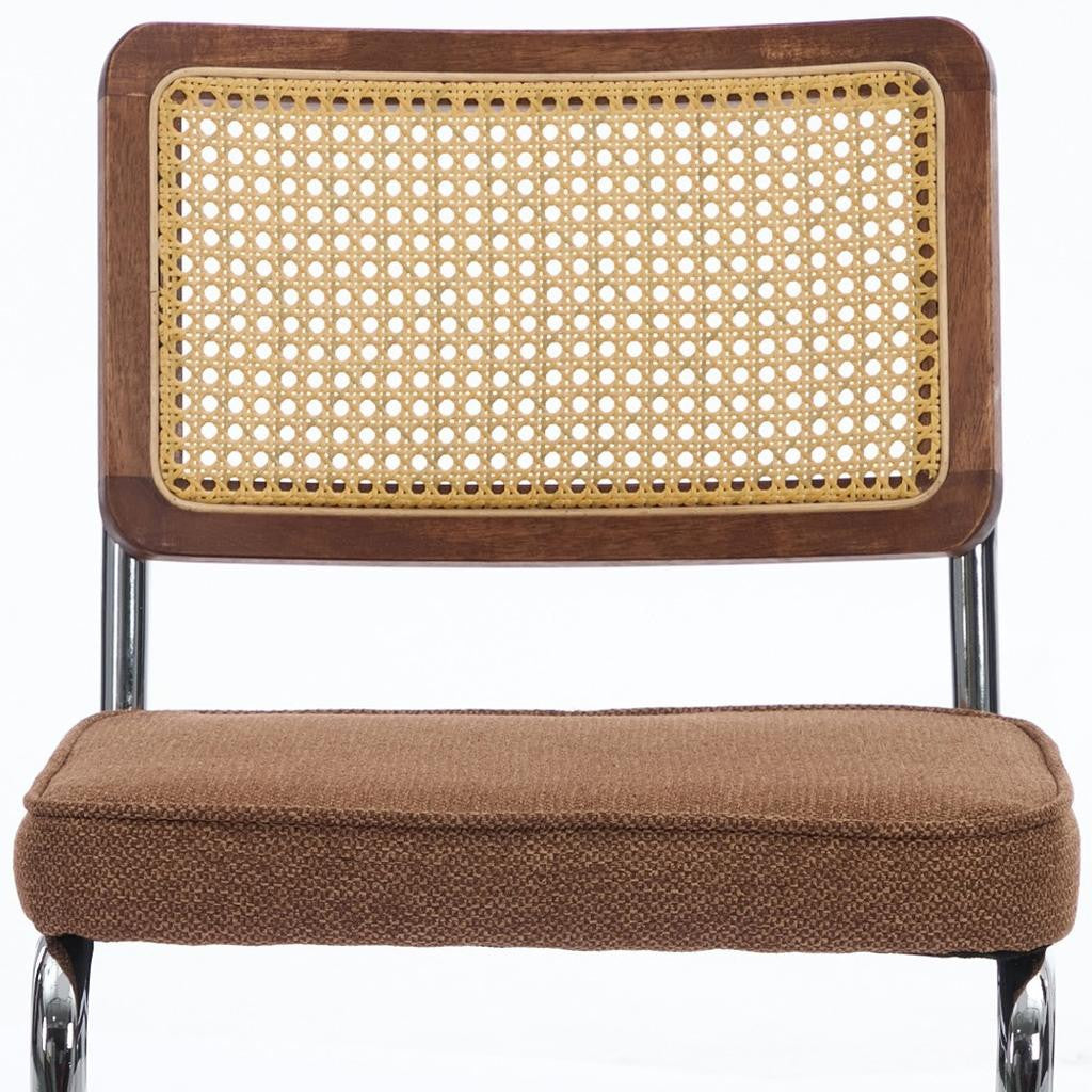 Set of Two Brown Natural And Silver Velvet Rattan And Stainless Steel Dining Chairs