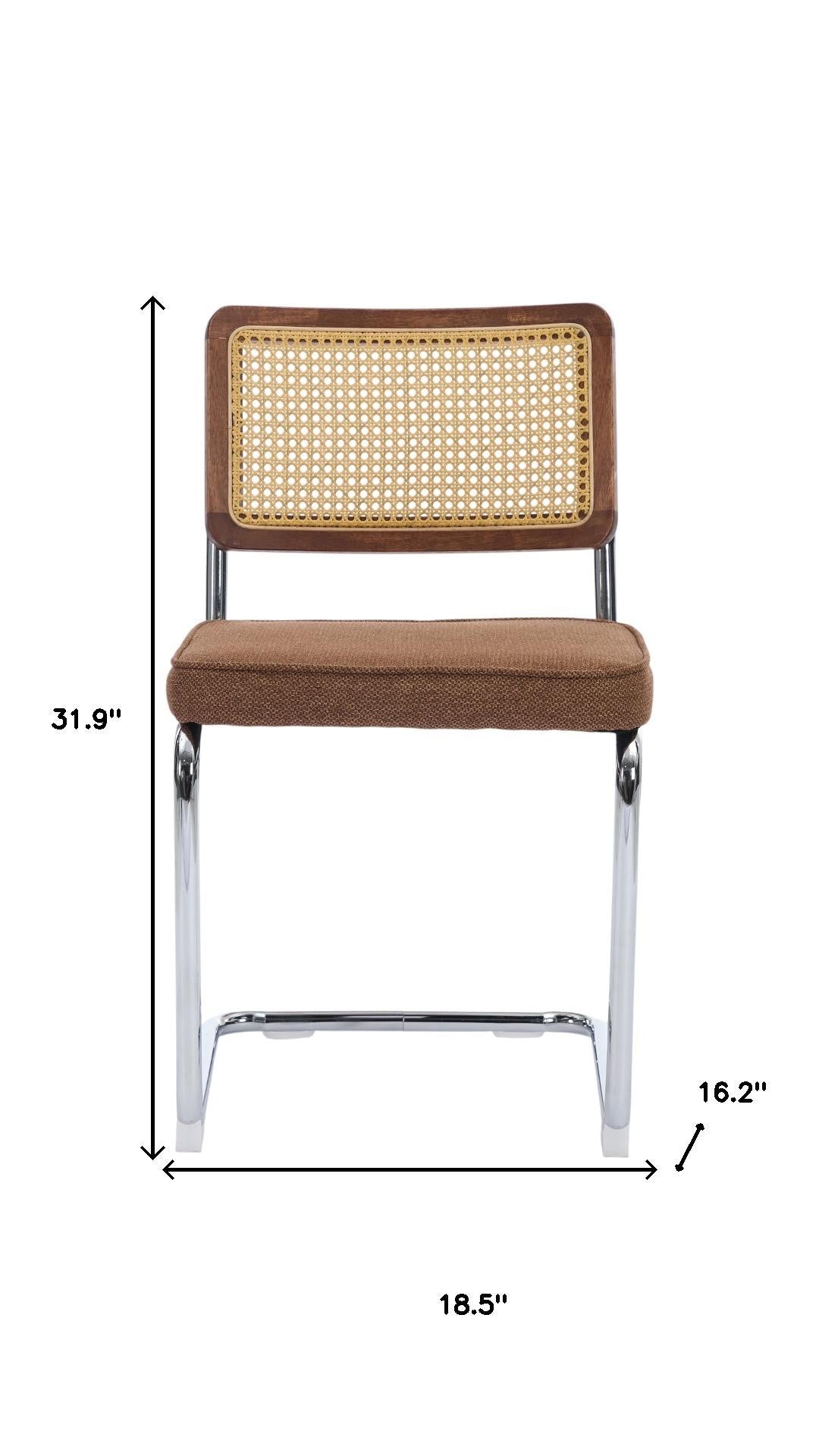 Set of Two Brown Natural And Silver Velvet Rattan And Stainless Steel Dining Chairs