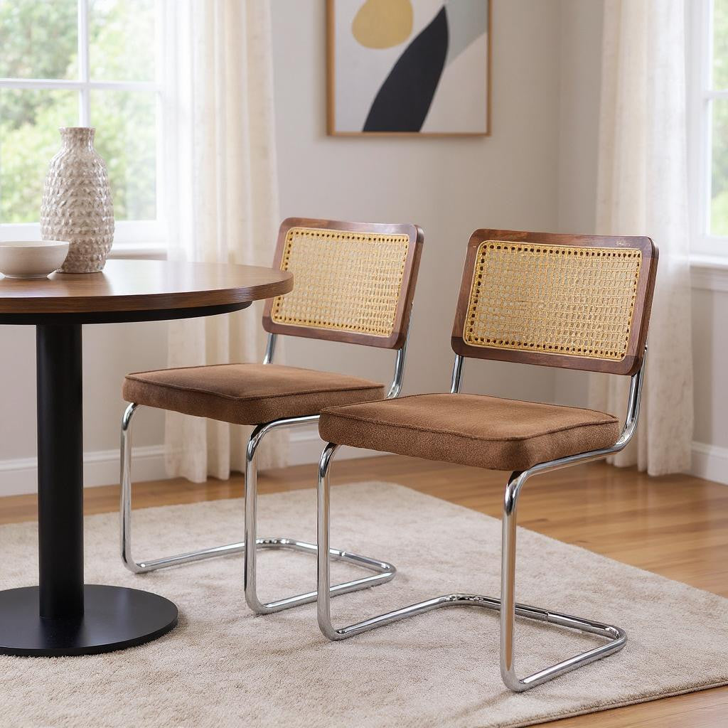 Set of Two Brown Natural And Silver Velvet Rattan And Stainless Steel Dining Chairs