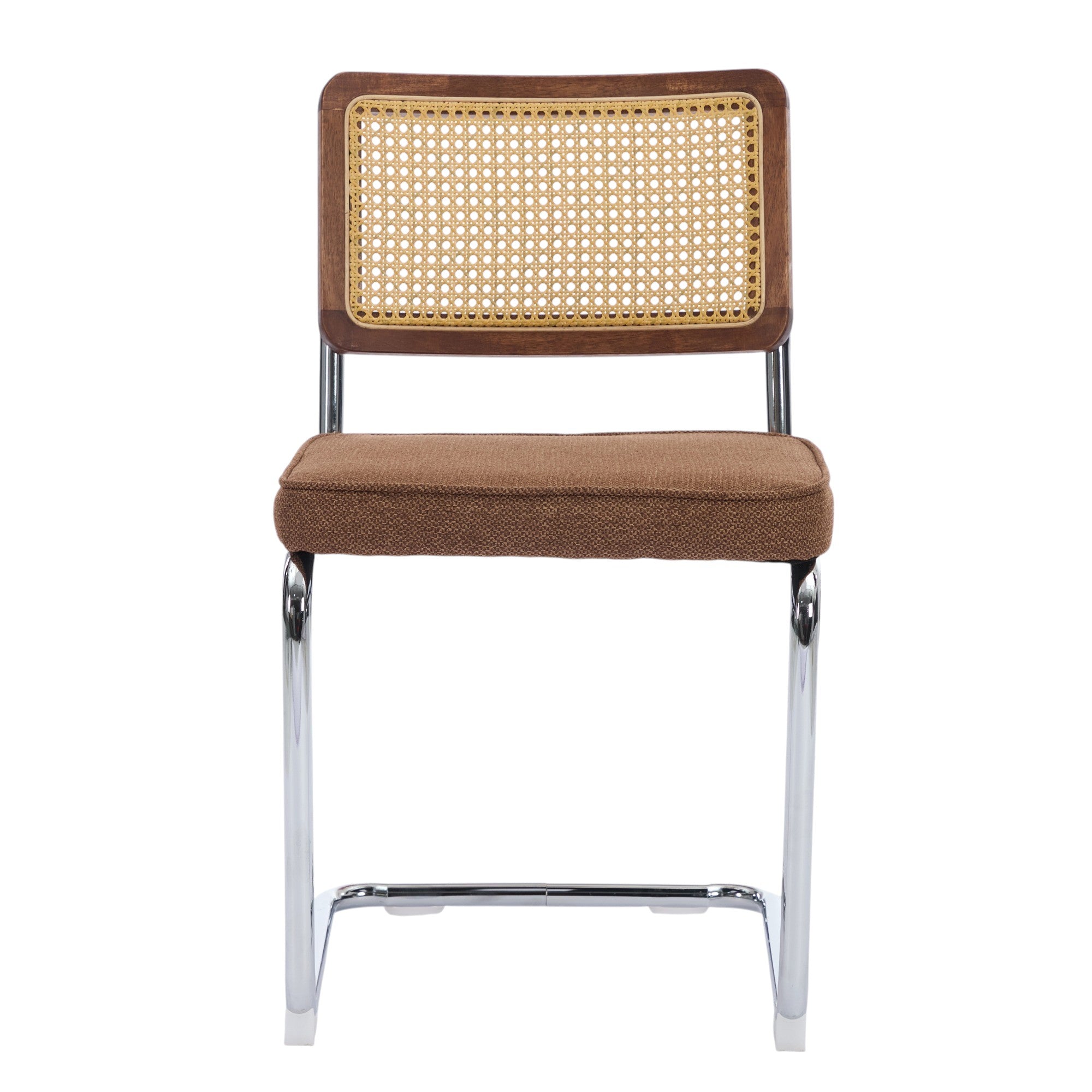 Set of Two Brown Natural And Silver Velvet Rattan And Stainless Steel Dining Chairs