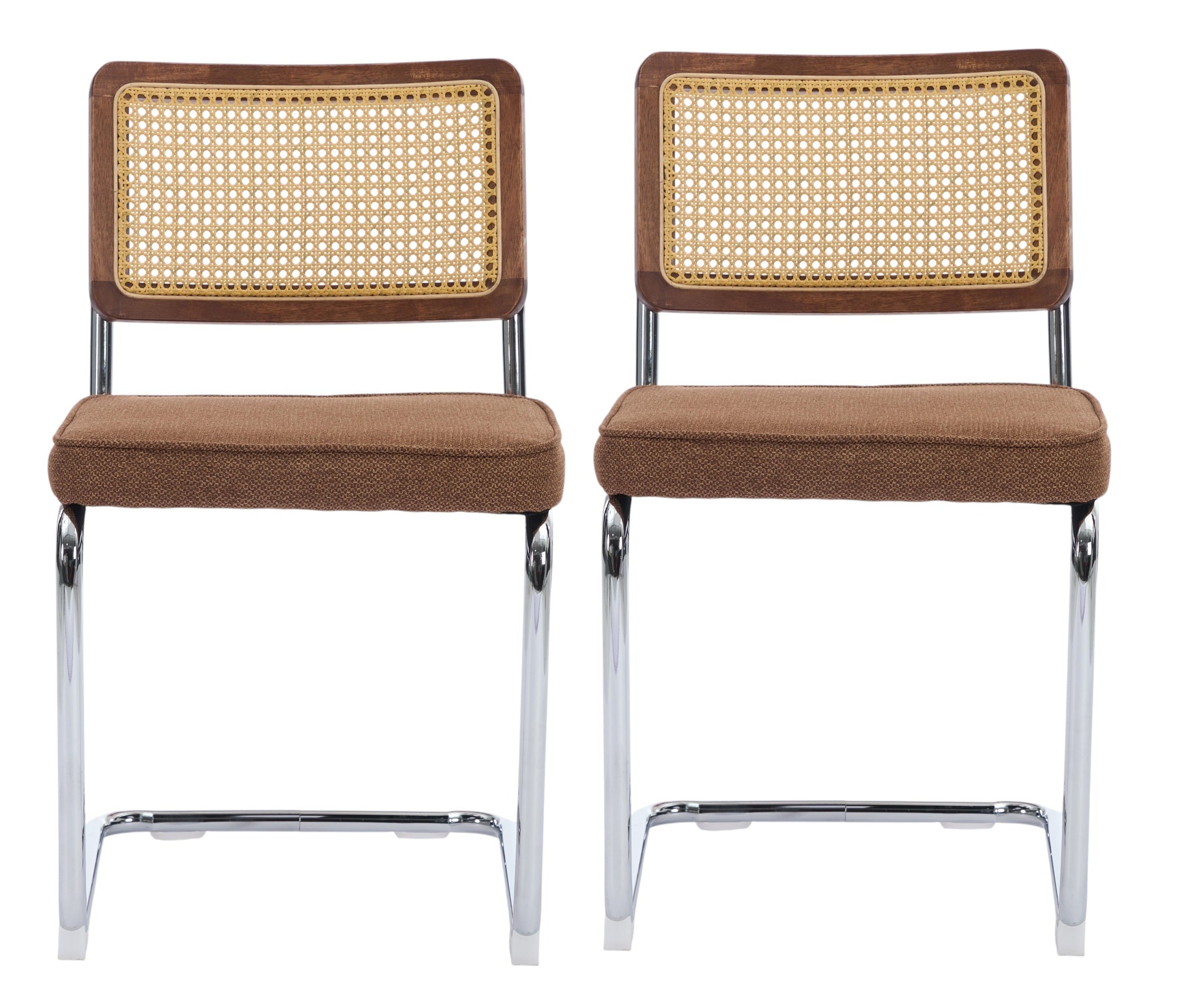 Set of Two Brown Natural And Silver Velvet Rattan And Stainless Steel Dining Chairs