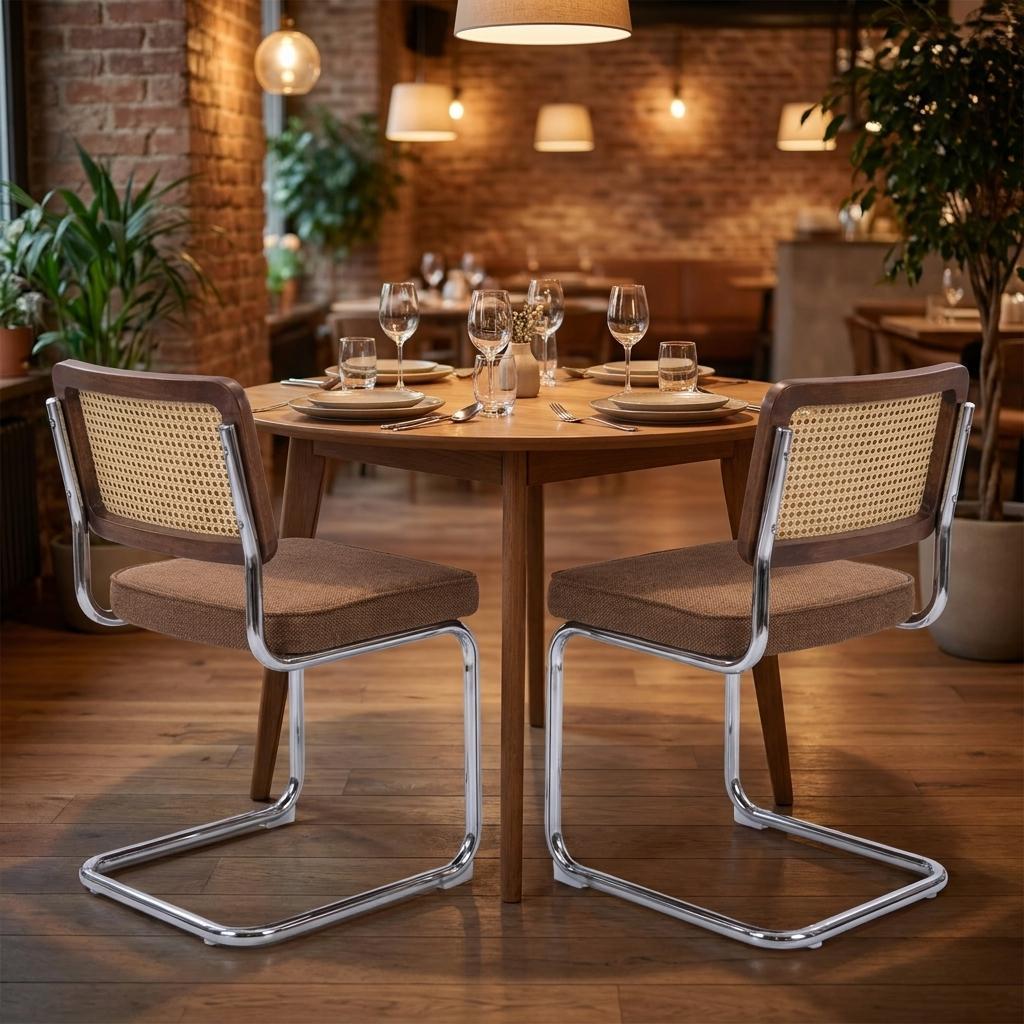 Set of Two Brown Natural And Silver Velvet Rattan And Stainless Steel Dining Chairs