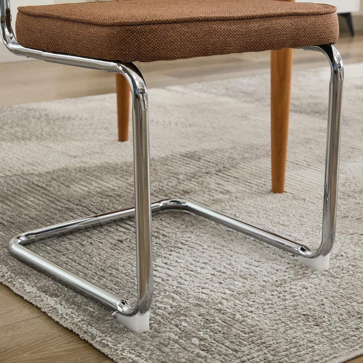 Set of Two Brown Natural And Silver Velvet Rattan And Stainless Steel Dining Chairs