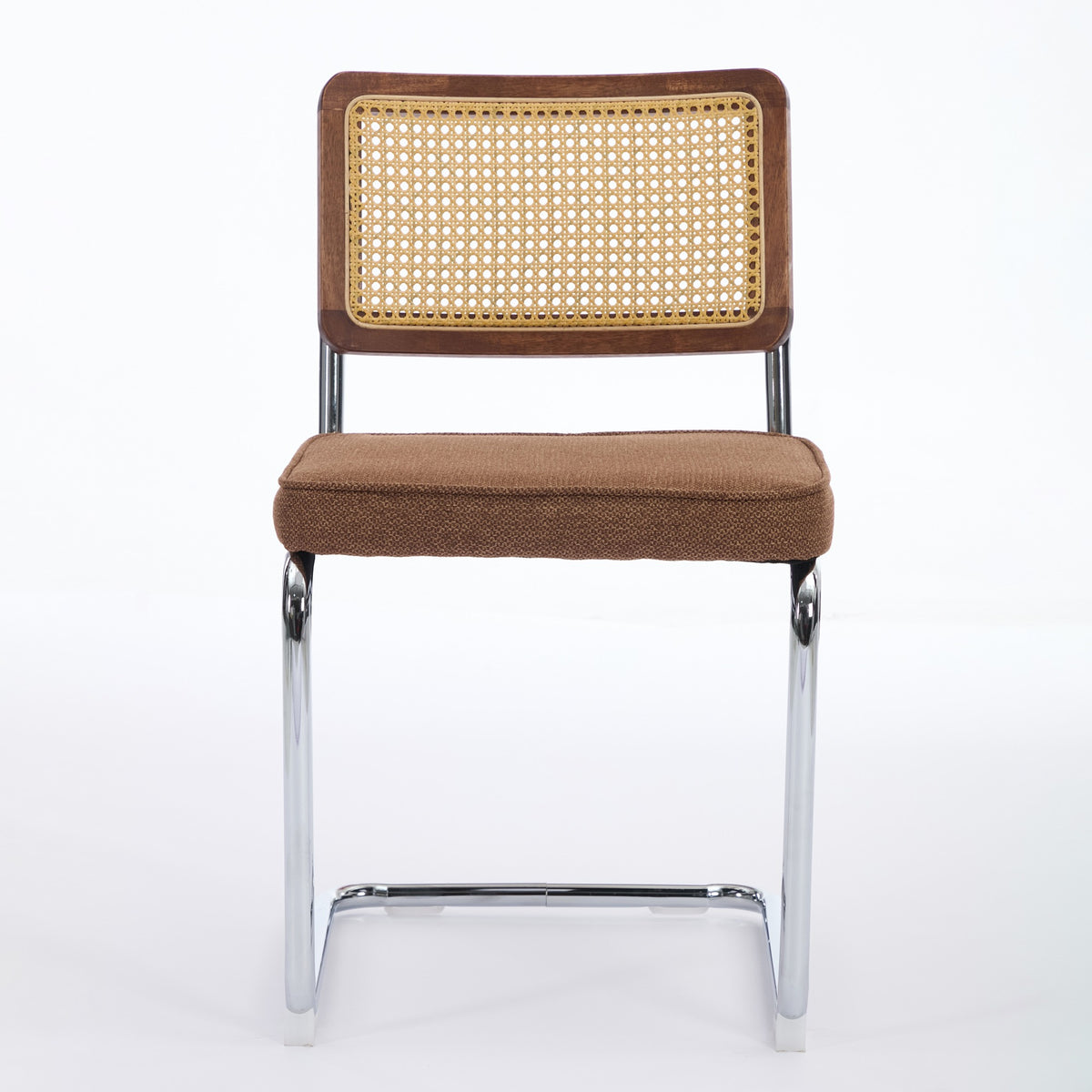 Set of Two Brown Natural And Silver Velvet Rattan And Stainless Steel Dining Chairs
