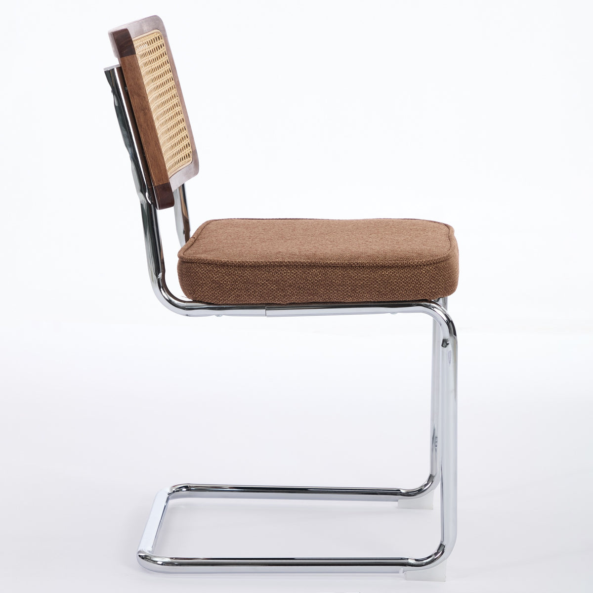 Set of Two Brown Natural And Silver Velvet Rattan And Stainless Steel Dining Chairs