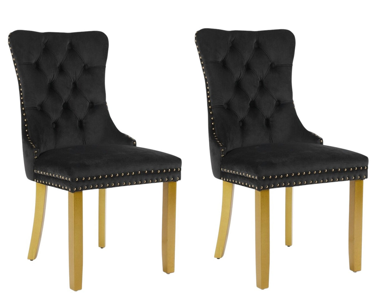 Set of Two Black And Gold Tufted Velvet And Solid Wood Dining Side Chairs