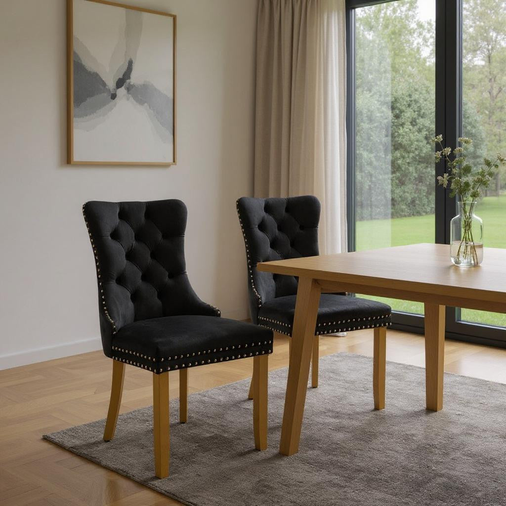 Set of Two Black And Gold Tufted Velvet And Solid Wood Dining Side Chairs