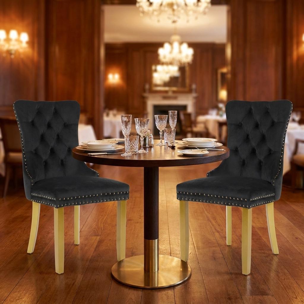 Set of Two Black And Gold Tufted Velvet And Solid Wood Dining Side Chairs